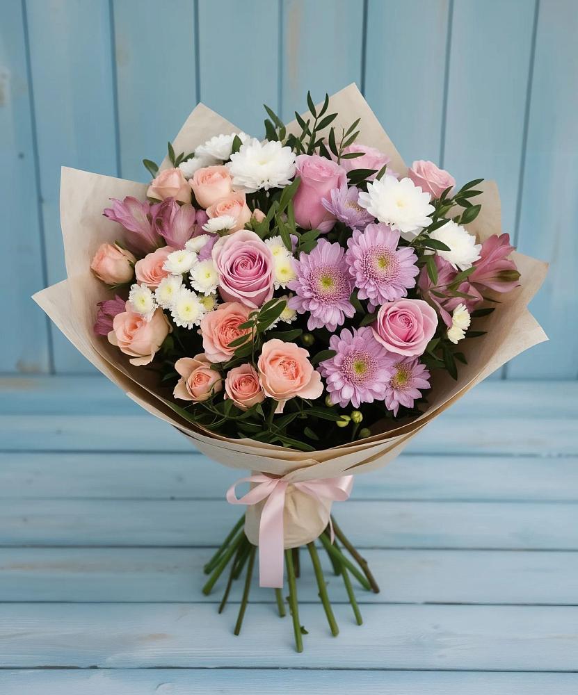 Букет цветов из: Хризантемы, Розы и Альстромерии в Садовый