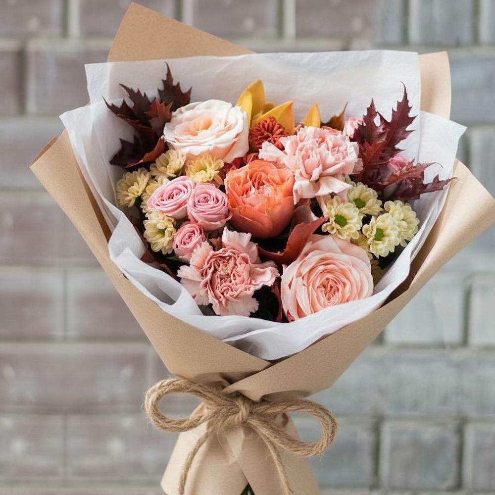 Букет цветов из: Гвоздики, Хризантемы и Розы в Садовый