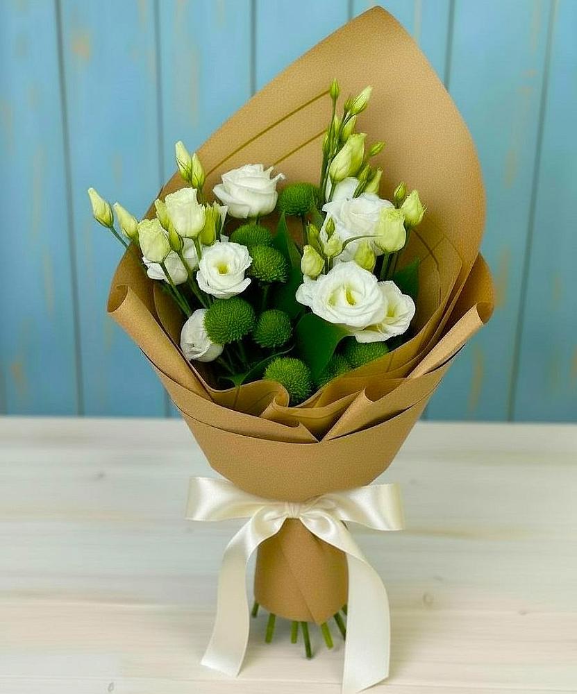 Букет цветов из: Хризантемы и Лизиантусы в Садовый