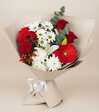 Букет цветов из:  Розы, Хризантемы, Герберы и Лилии в Садовый