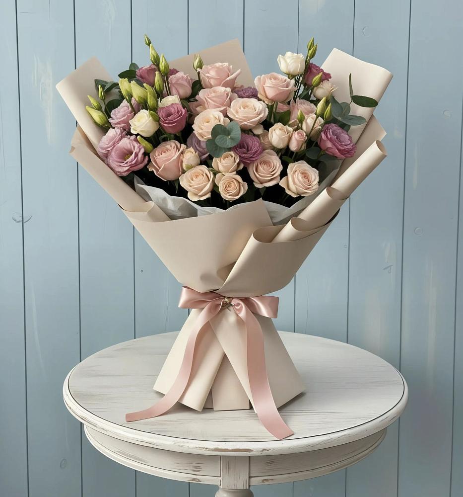 Букет цветов из: Розы и Лизиантусы в Садовый